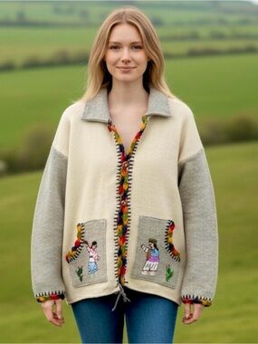 Handmade Wool Jacket, Cream and Gray Embroidered Folk Art, XL